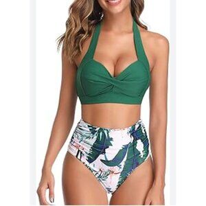 Tropical Womens Vintage 2 Piece Swimsuit Retro Halter High Waist Bikini Size Med